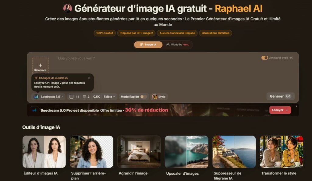 Raphael AI avis test 2026 générateur d'images multi-modèles gratuit sans inscription