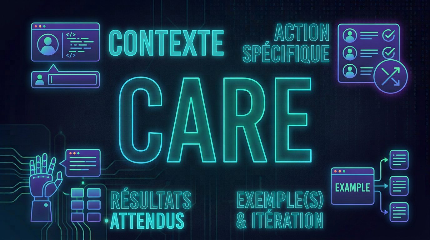 La méthode CARE (Context, Action, Result, Example) structure vos prompts IA en 4 blocs.