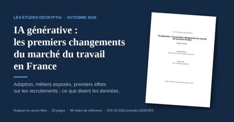 Couverture du rapport IA générative : les premiers changements du marché du travail en France, Les études Decryptia, octobre 2026